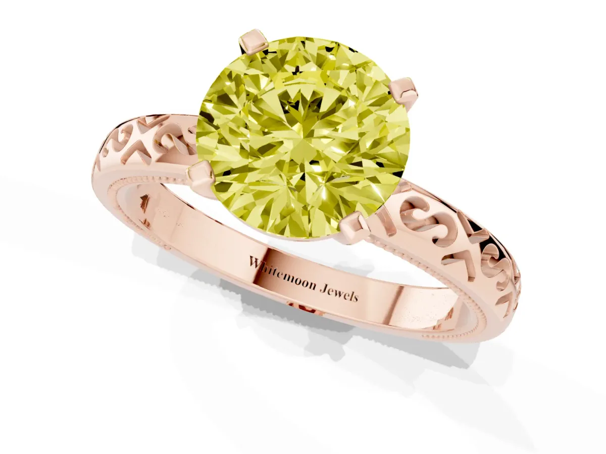Fancy Yellow Round Cut Solitaire Engagement Ring with Scrollwork Band and Four-Prong Setting Rose gold