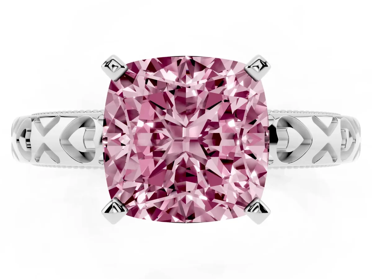 Fancy Pink Cushion Cut Solitaire Diamond Engagement Ring with XO Engraved Band and Four-Prong Setting Platinum
