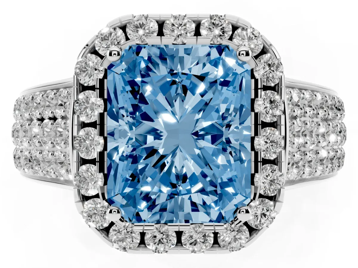 Fancy Blue Radiant Cut Halo Round Diamond Pave Band with Prong Setting Silver