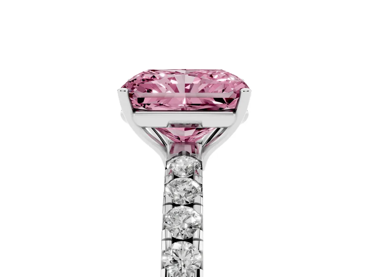 Fancy Pink Radiant Cut Diamond Pavé Solitaire Engagement Ring with Four-Prong Setting Silver