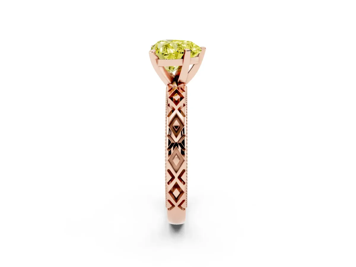Fancy Yellow Heart Cut Solitaire Diamond Ring with Milgrain and Black Enamel X Pattern Band Rose gold
