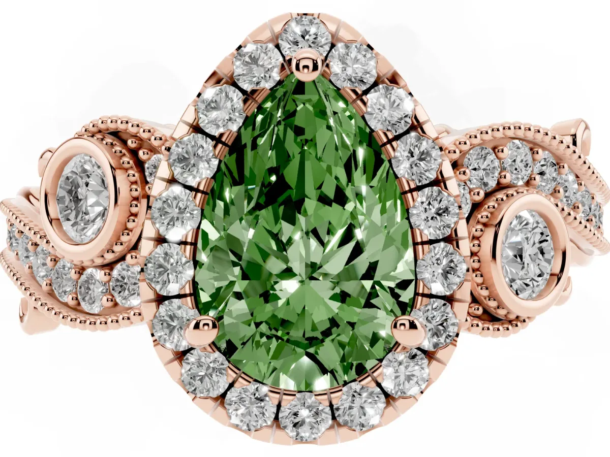 Fancy Green Pear Cut Halo Diamond Ring with Milgrain and Bezel Accents on a Split Shank Band Rose gold