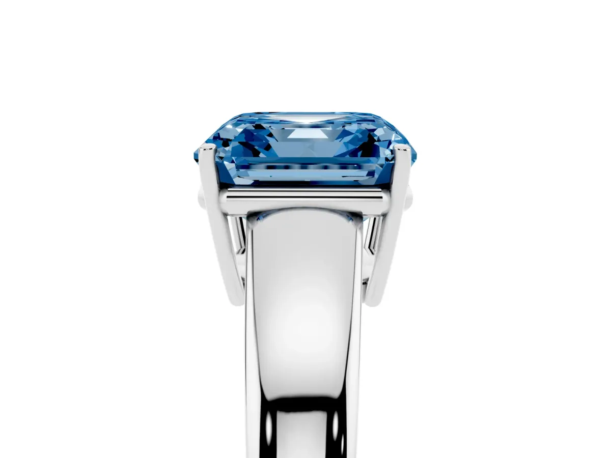 Fancy Blue Asscher Cut Solitaire Diamond Ring with Tapered Band and Four-Prong Setting Silver