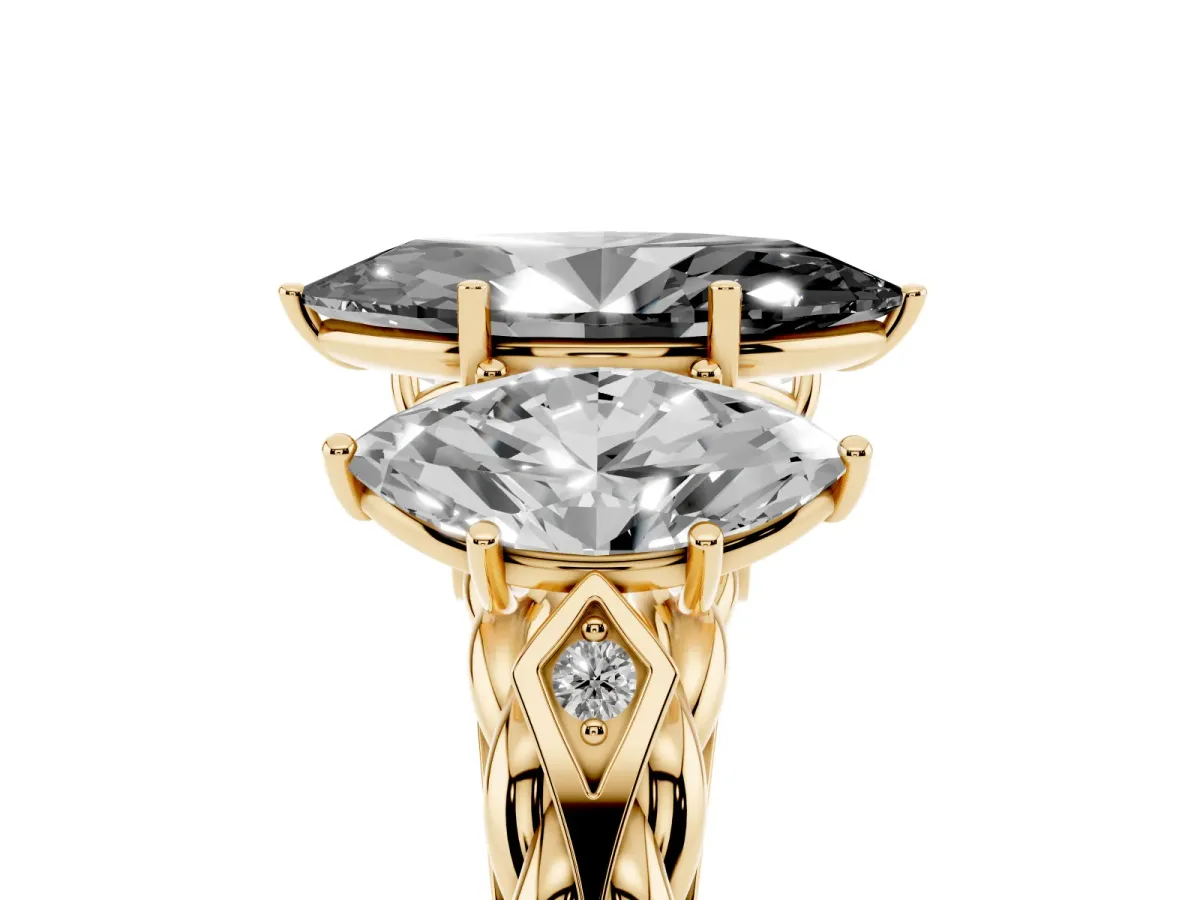 Fancy Black Three-Stone Marquise Cut Diamond Braided Band Ring with Four-Prong Setting Yellow gold