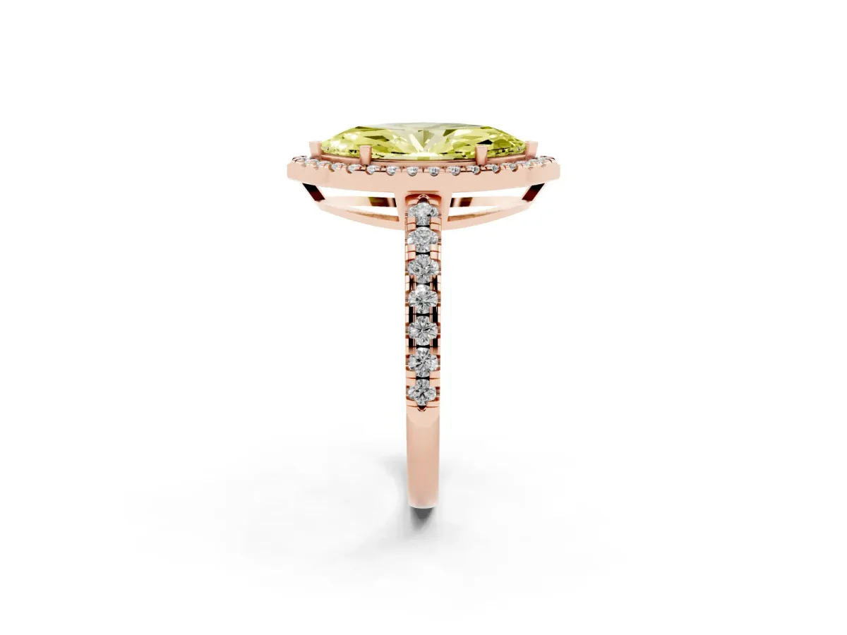 Fancy Yellow Marquise Cut Diamond Halo Ring with Pavé Band and Four-Prong Setting Rose gold