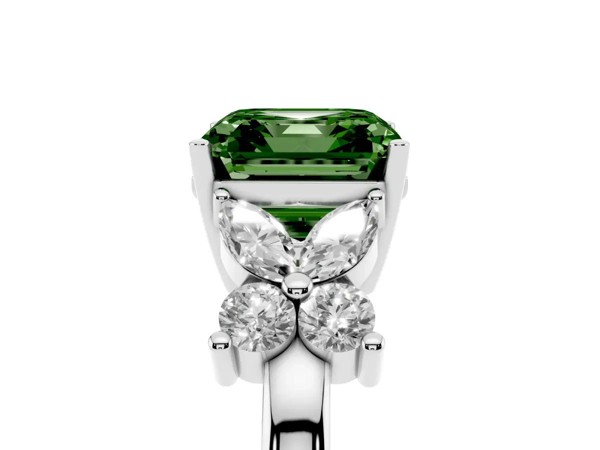 Fancy Green Asscher Cut Diamond Floral Cluster Ring with Solitaire Band and Prong Setting Silver