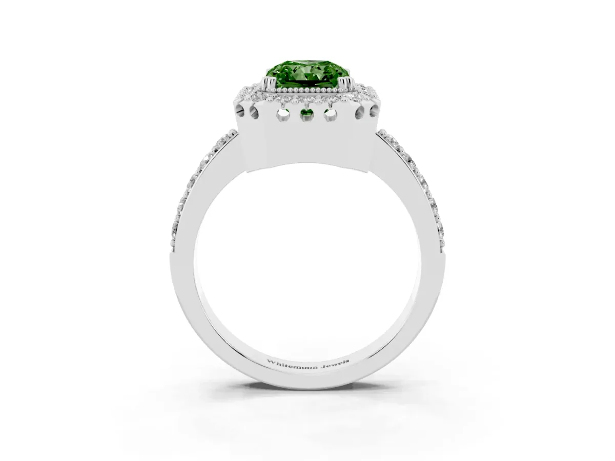 Fancy Green Radiant Cut Diamond Halo Ring with Pavé Band and Prong Setting Platinum