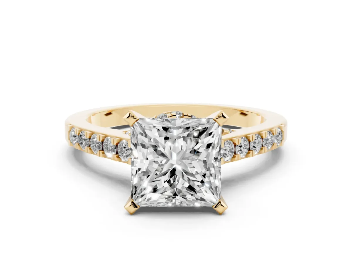 Princess Cut Diamond Solitaire Ring with Crossover Gallery and Round Pavé Band Yellow gold