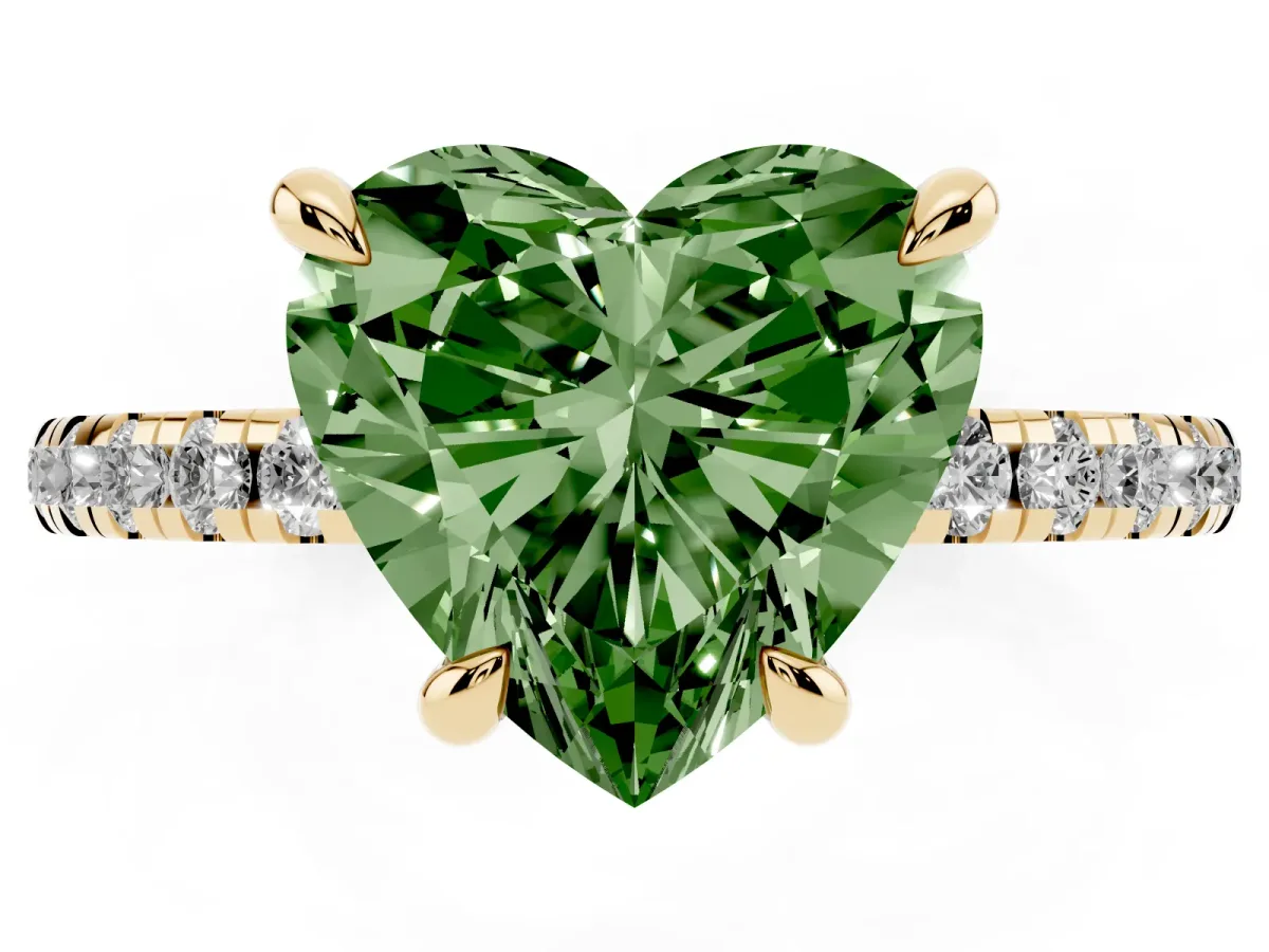 Fancy Green Heart Cut Diamond Brilliant Solitaire Ring with Pavé Band and Four-Prong Setting Yellow gold