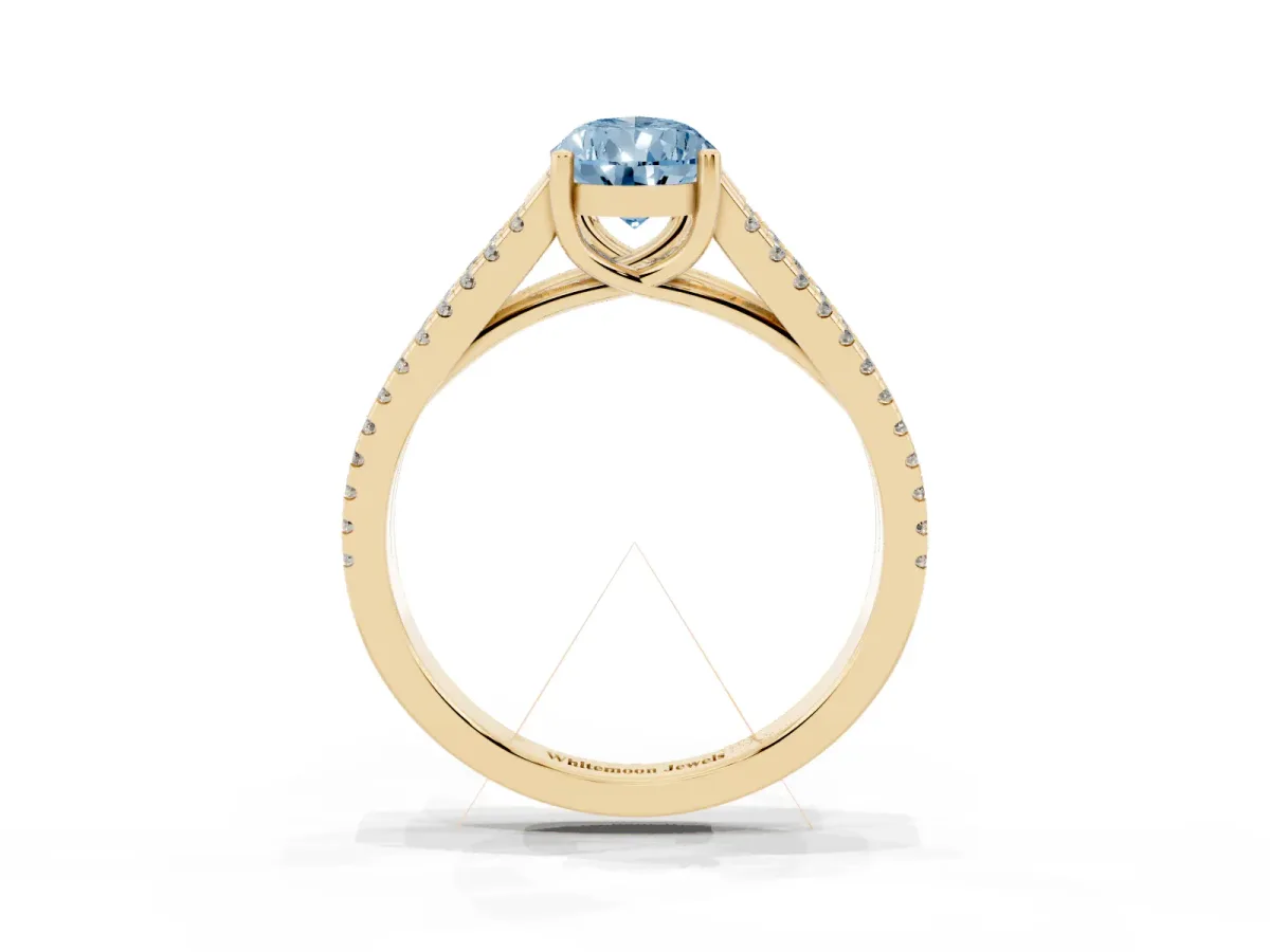 Fancy Blue Pear Cut Diamond Solitaire Engagement Ring with Split Shank Pavé Band Yellow gold