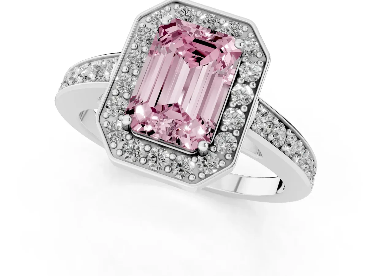 Fancy Pink Emerald Cut Halo Pavé Diamond Engagement Ring with Bezel Setting Silver