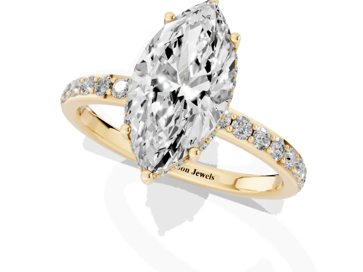 Marquise Cut Diamond Solitaire Ring with Pavé Band and Hidden Halo Yellow gold