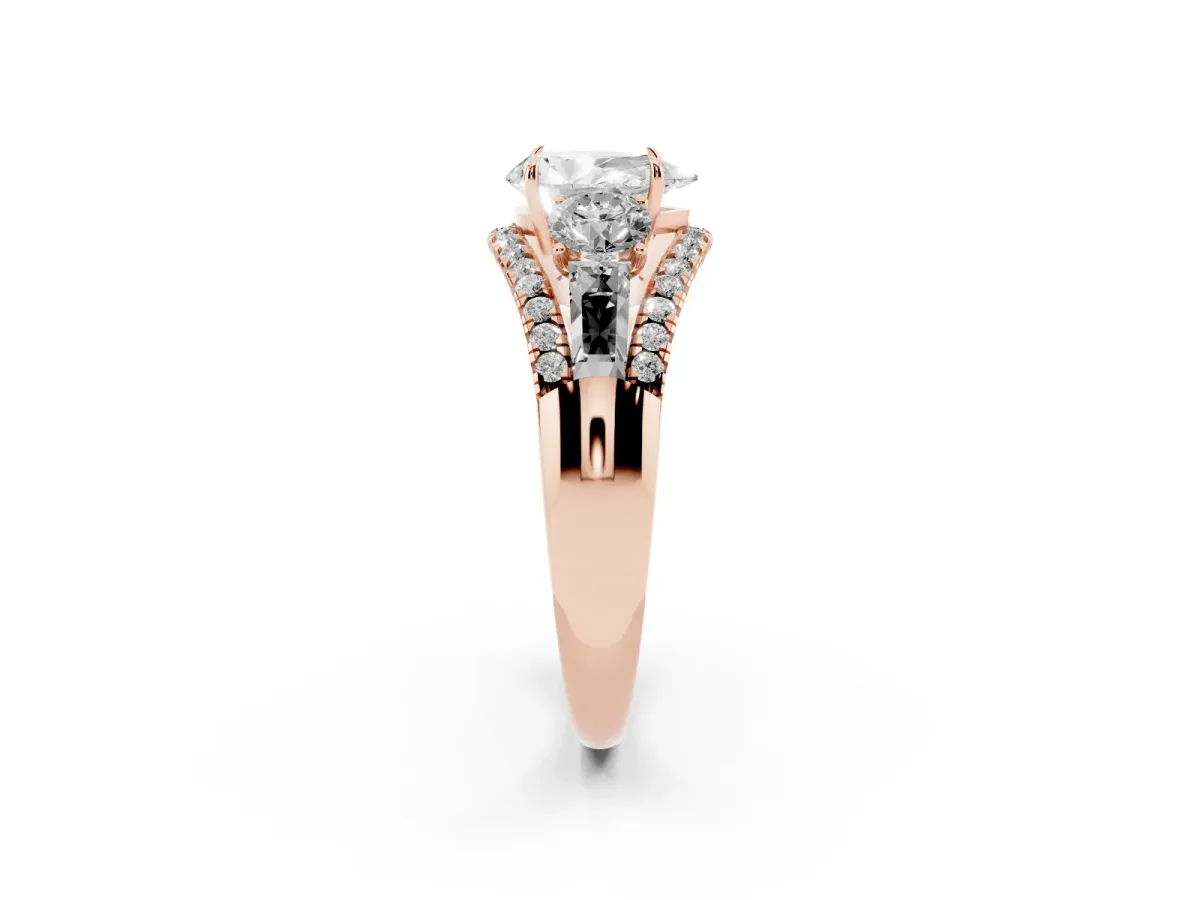 Three-Stone Pear Cut Diamond Engagement Ring with Pave Band and Prong Setting Rose gold