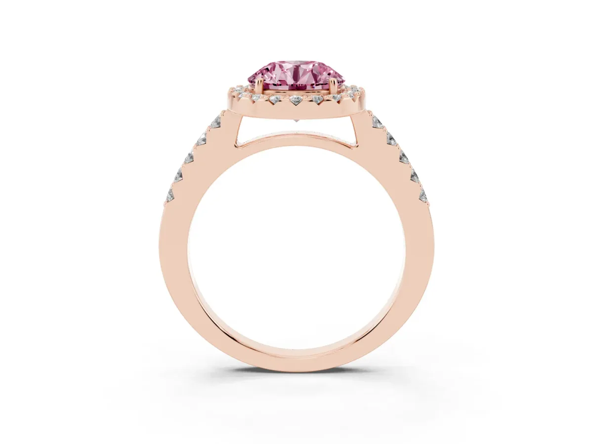 Fancy Pink Round Cut Halo Diamond Pavé Solitaire Ring Rose gold