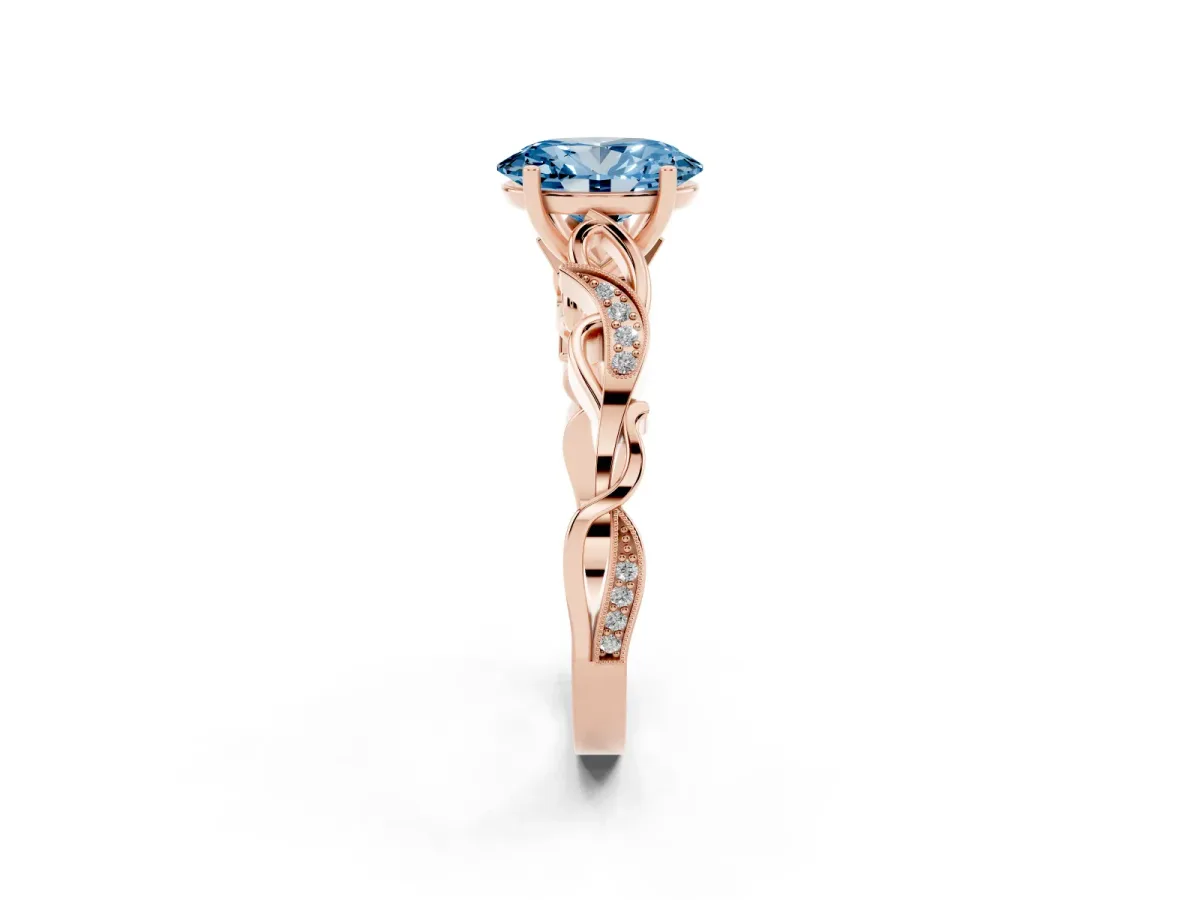 Fancy Blue Oval Cut Solitaire Vine Band with Milgrain Prong Setting Rose gold