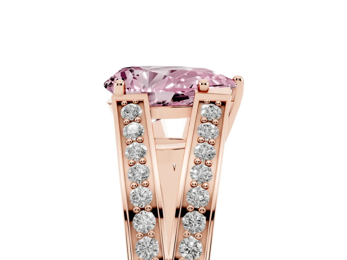 Fancy Pink Pear Cut Diamond Split Shank Ring with Pavé Band and Four-Prong Setting Rose gold