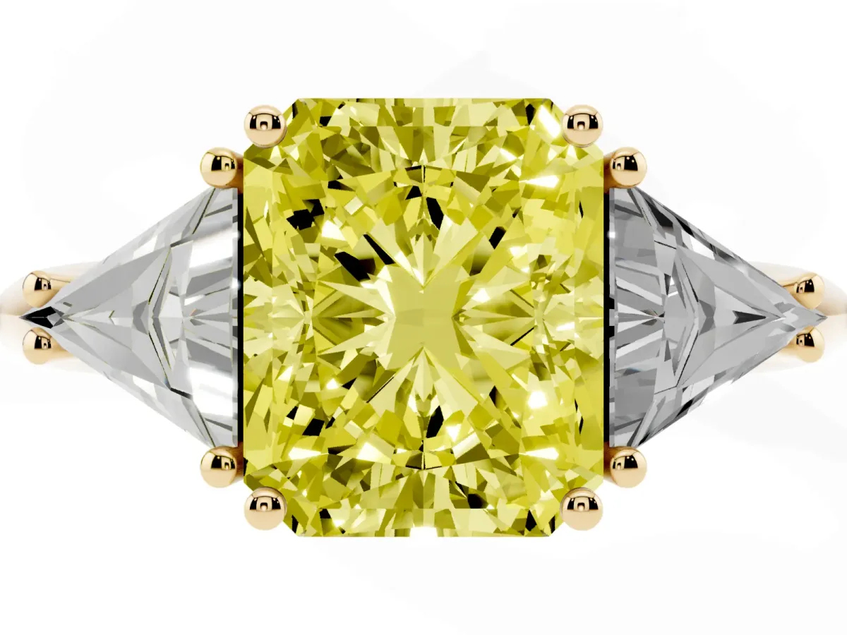 Fancy Yellow Three-Stone Radiant Cut Diamond Engagement Ring with Trillion Side Stones and Prong Setting Yellow gold