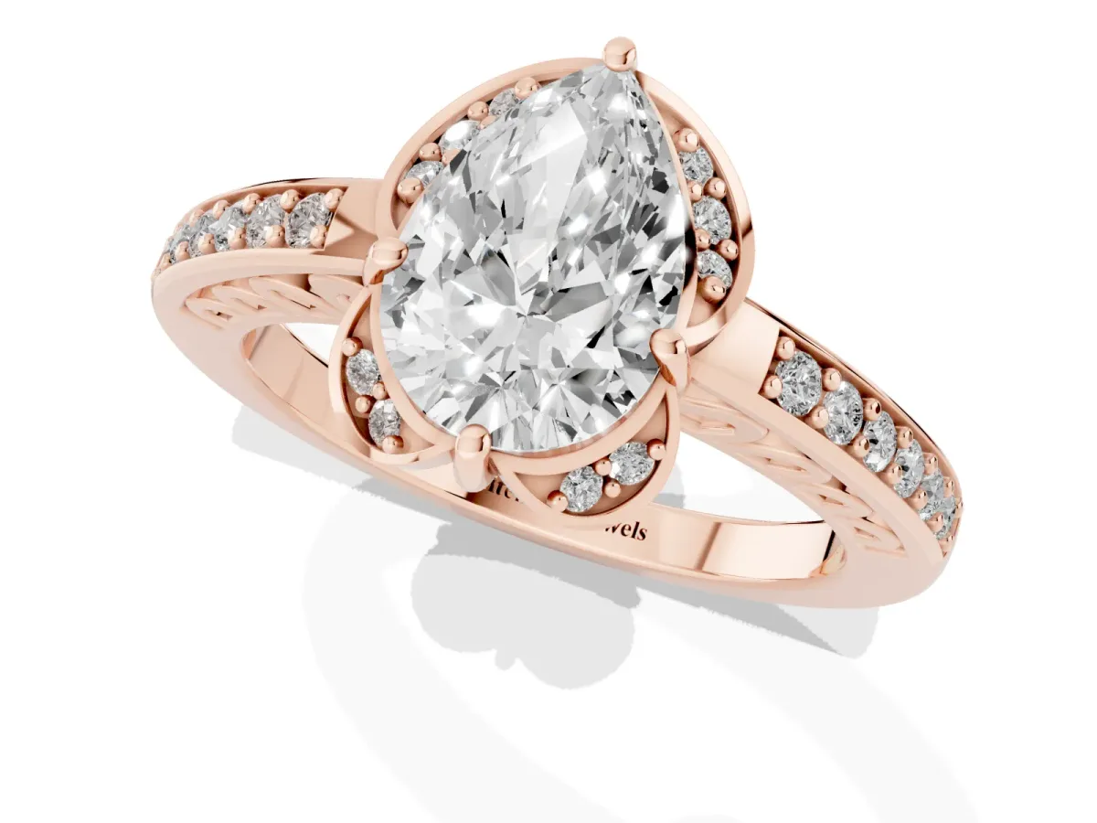 Pear Cut Cut Halo Diamond Ring with Channel Set Band and Four-Prong Setting Rose gold