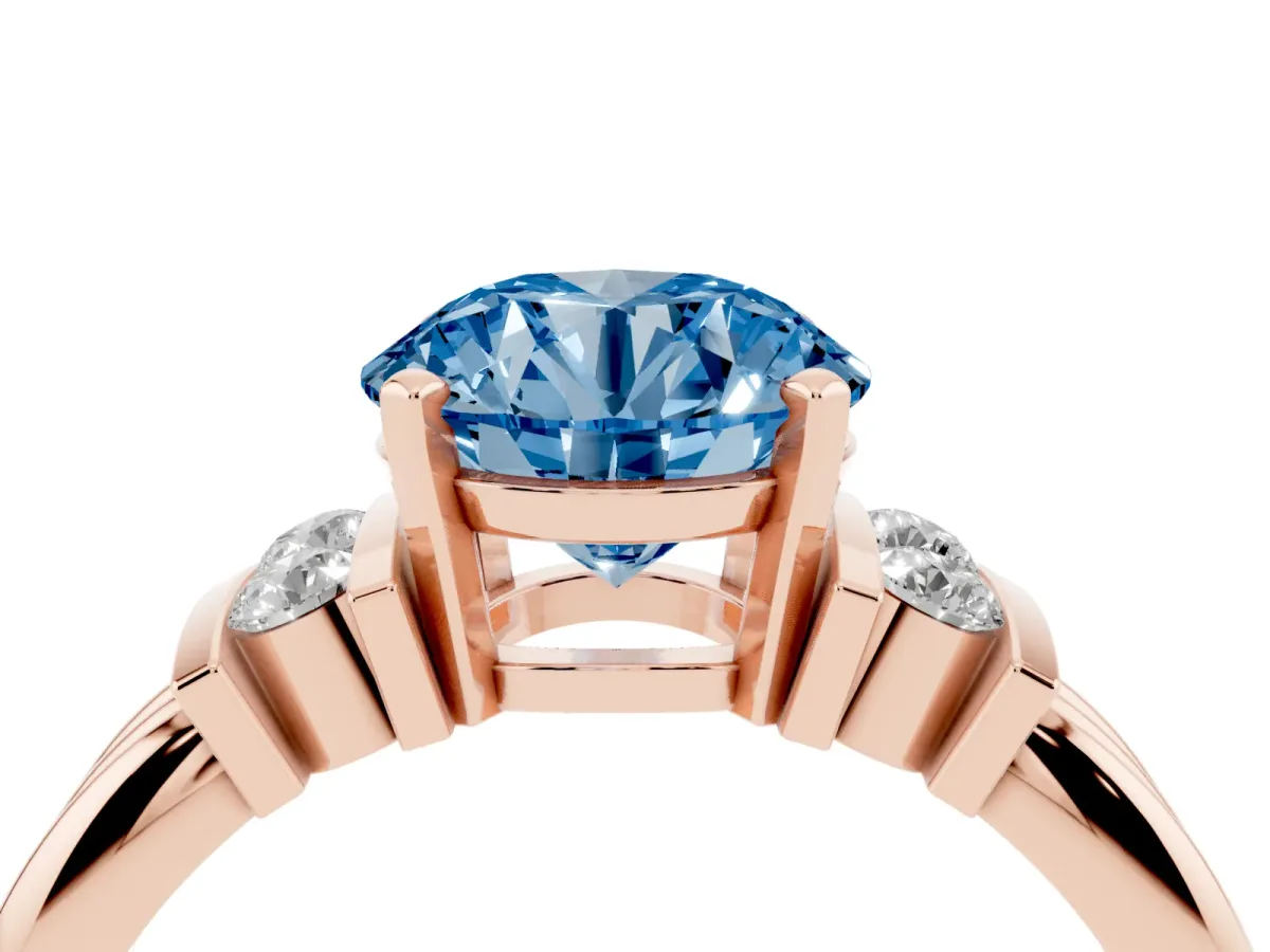 Fancy Blue Round Cut Cut Three-Stone Channel Set Ring with Bar Prongs Rose gold
