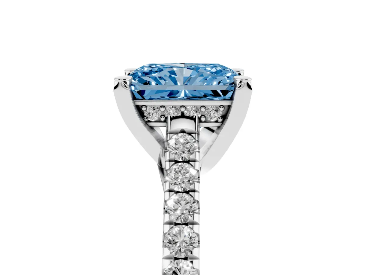 Fancy Blue Radiant Cut Brilliant Diamond Solitaire with Pavé Band and Four-Prong Setting Silver