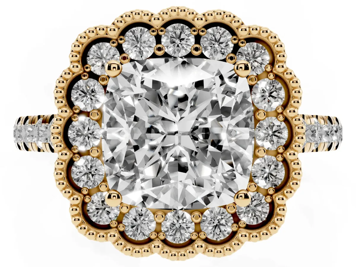 Cushion Cut Cut Diamond Milgrain Floral Halo Engagement Ring with Pavé Band Yellow gold