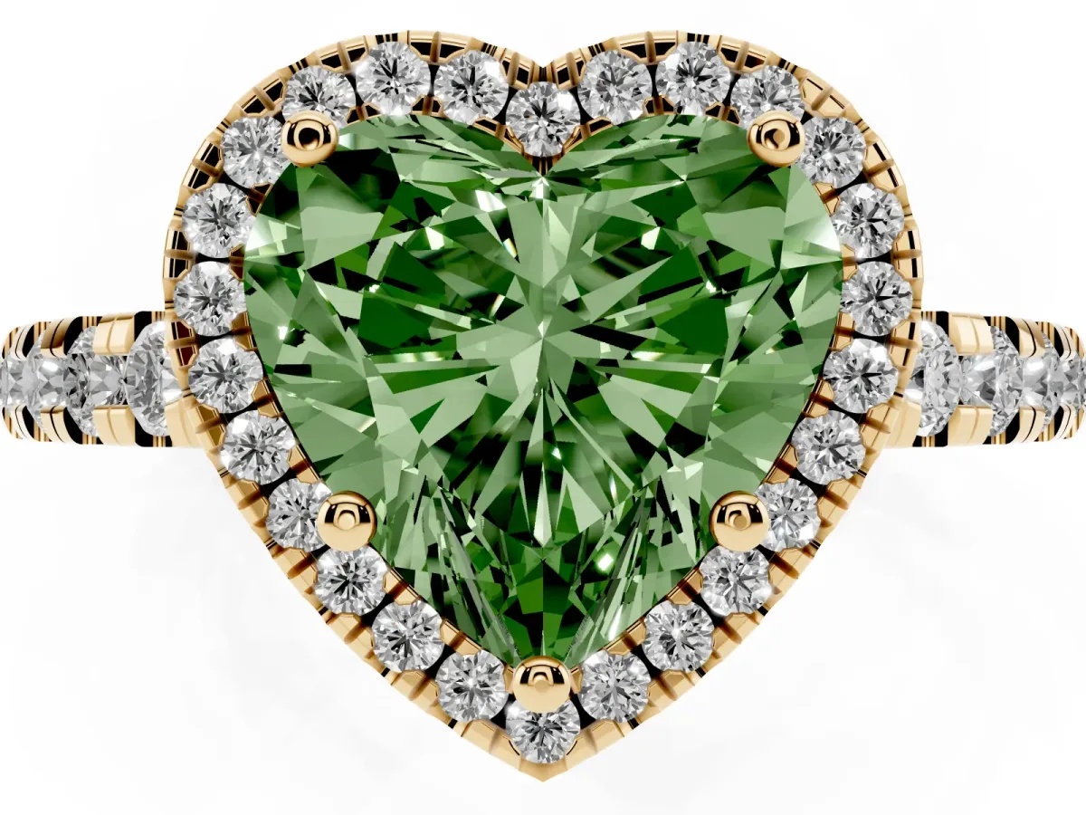 Fancy Green Heart Cut Diamond Halo Ring with Pavé Band and Four-Prong Setting Yellow gold