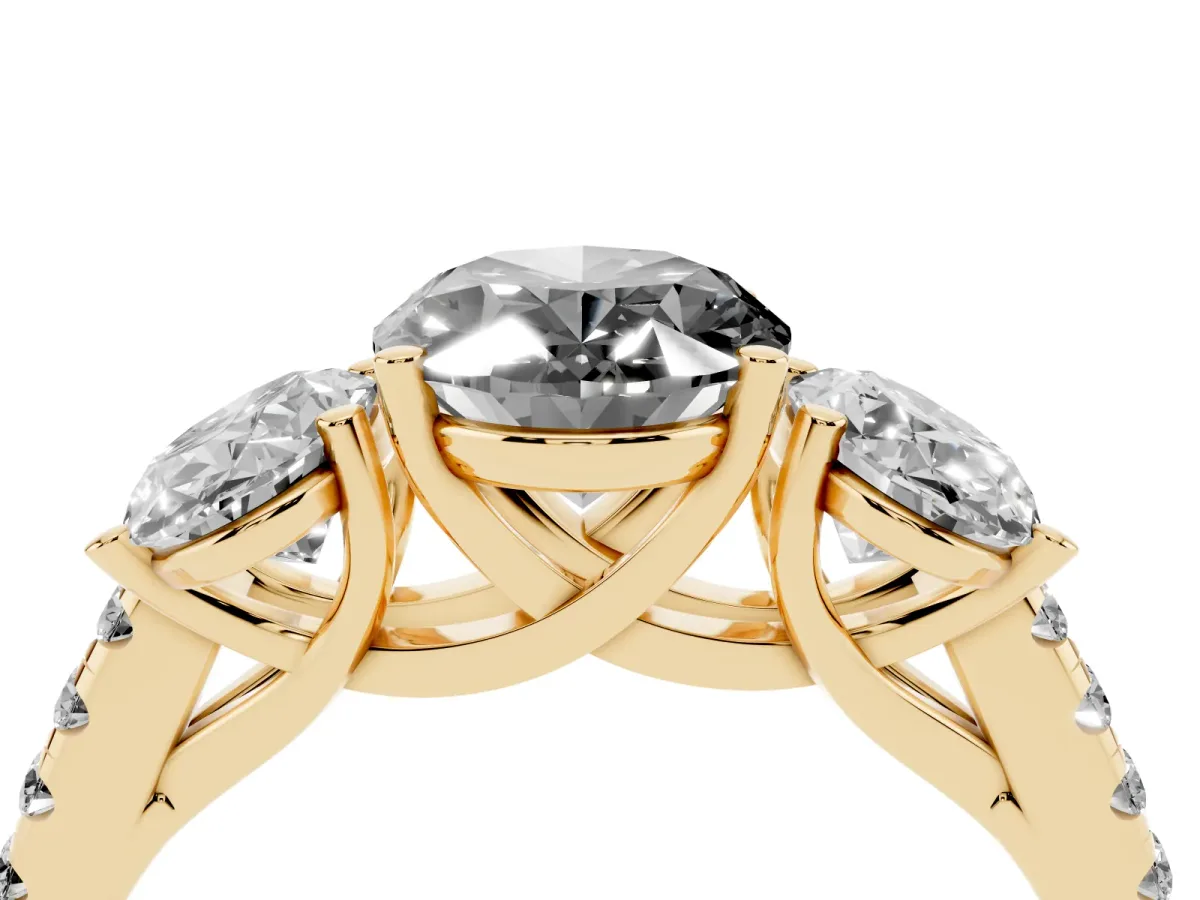 Fancy Black Three-Stone Oval Cut Diamond Ring with Round Pavé Band and Prong Setting Yellow gold