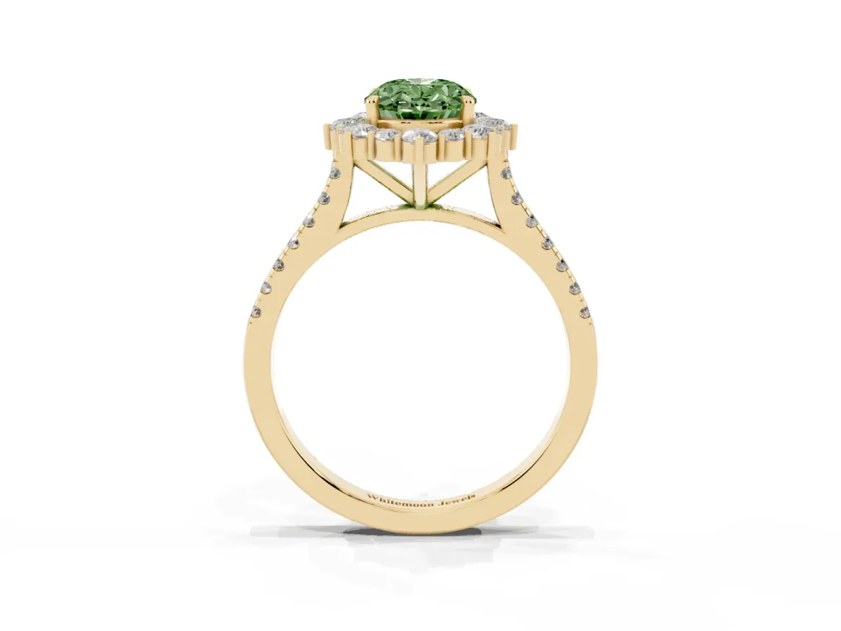 Fancy Green Oval Cut Halo Diamond Ring with Pavé Band and Prong Setting Yellow gold