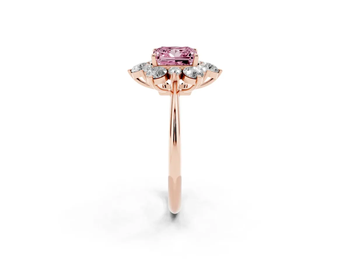 Fancy Pink Princess Cut Diamond Cluster Halo Ring with Solitaire Band and Four-Prong Setting Rose gold