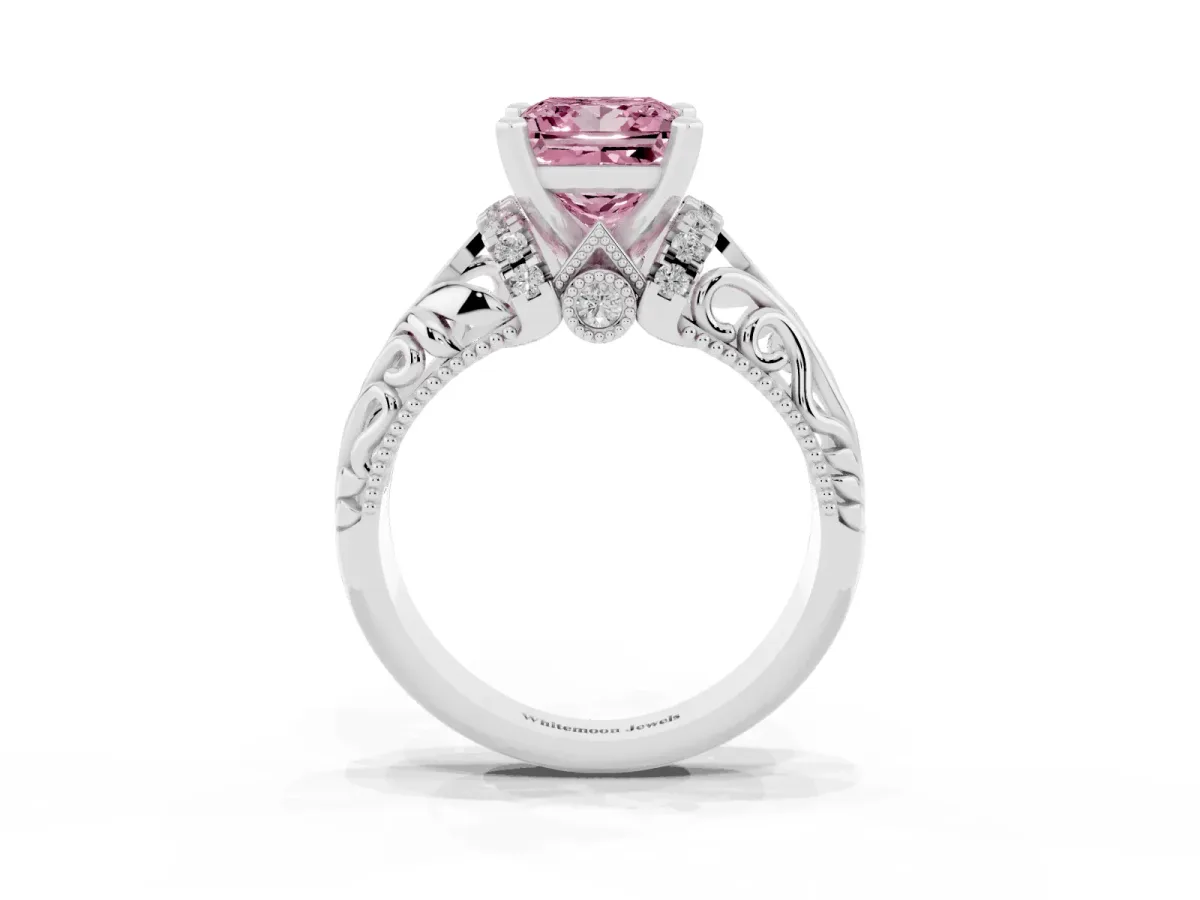 Fancy Pink Princess Cut Solitaire Filigree Engagement Ring with Halo and Prong Setting Platinum