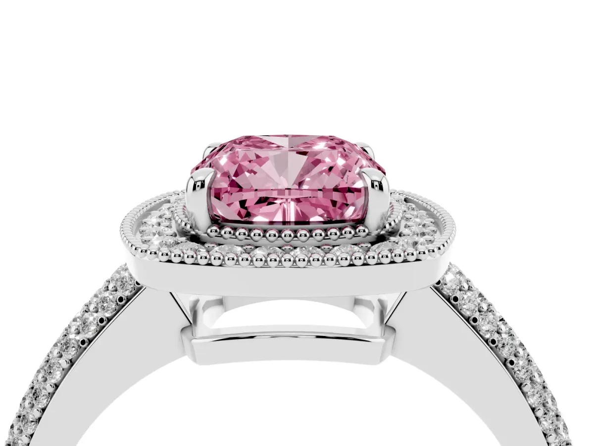 Fancy Pink Cushion Cut Cut Halo Diamond Pave Band with Four-Prong Setting Silver