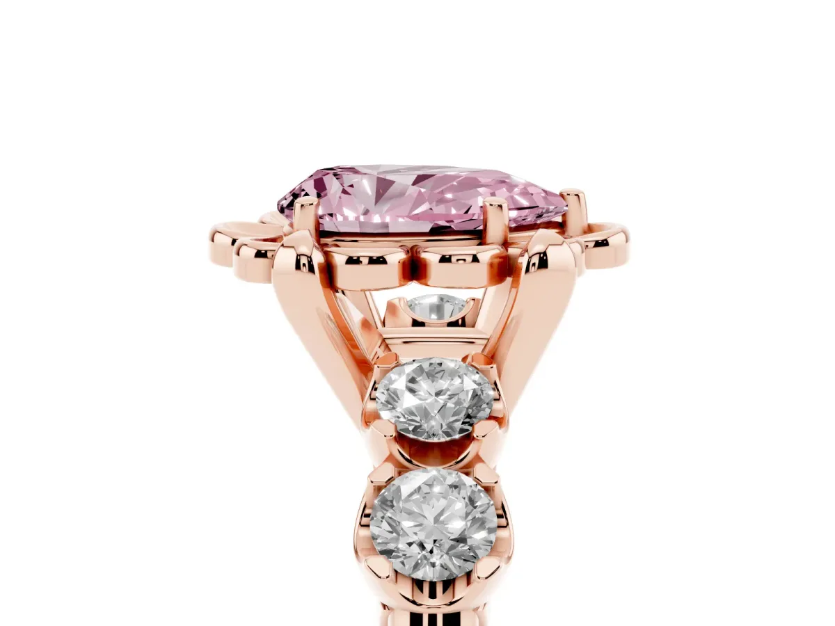 Fancy Pink Pear Cut Cut Diamond Floral Halo Engagement Ring with Shared Prong Setting Rose gold