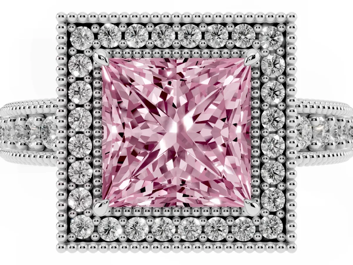 Fancy Pink Princess Cut Cut Halo Diamond Ring with Pavé Band and Four-Prong Setting White gold