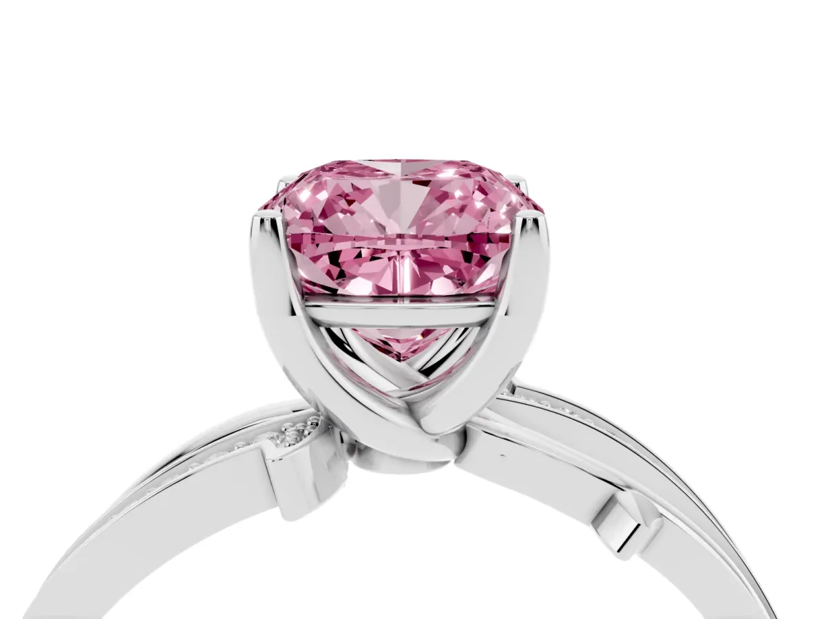 Fancy Pink Cushion Cut Solitaire Twist Band with Pavé Accents and Four-Prong Setting White gold