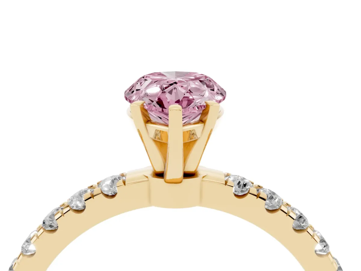 Fancy Pink Pear Cut Diamond Solitaire Ring with Pavé Accents and Four-Prong Setting Yellow gold