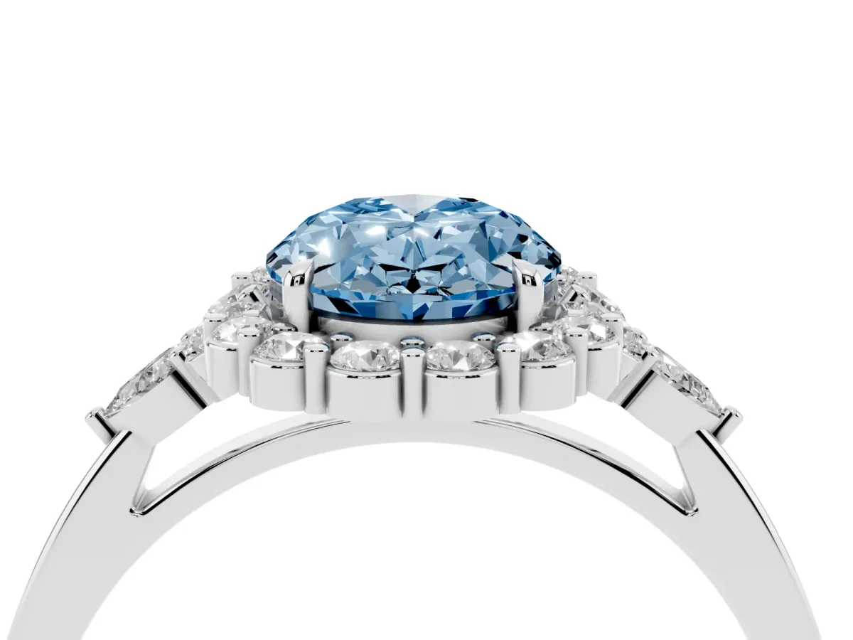 Fancy Blue Oval Cut Diamond Halo Ring with Pear Side Stones and Prong Setting Silver