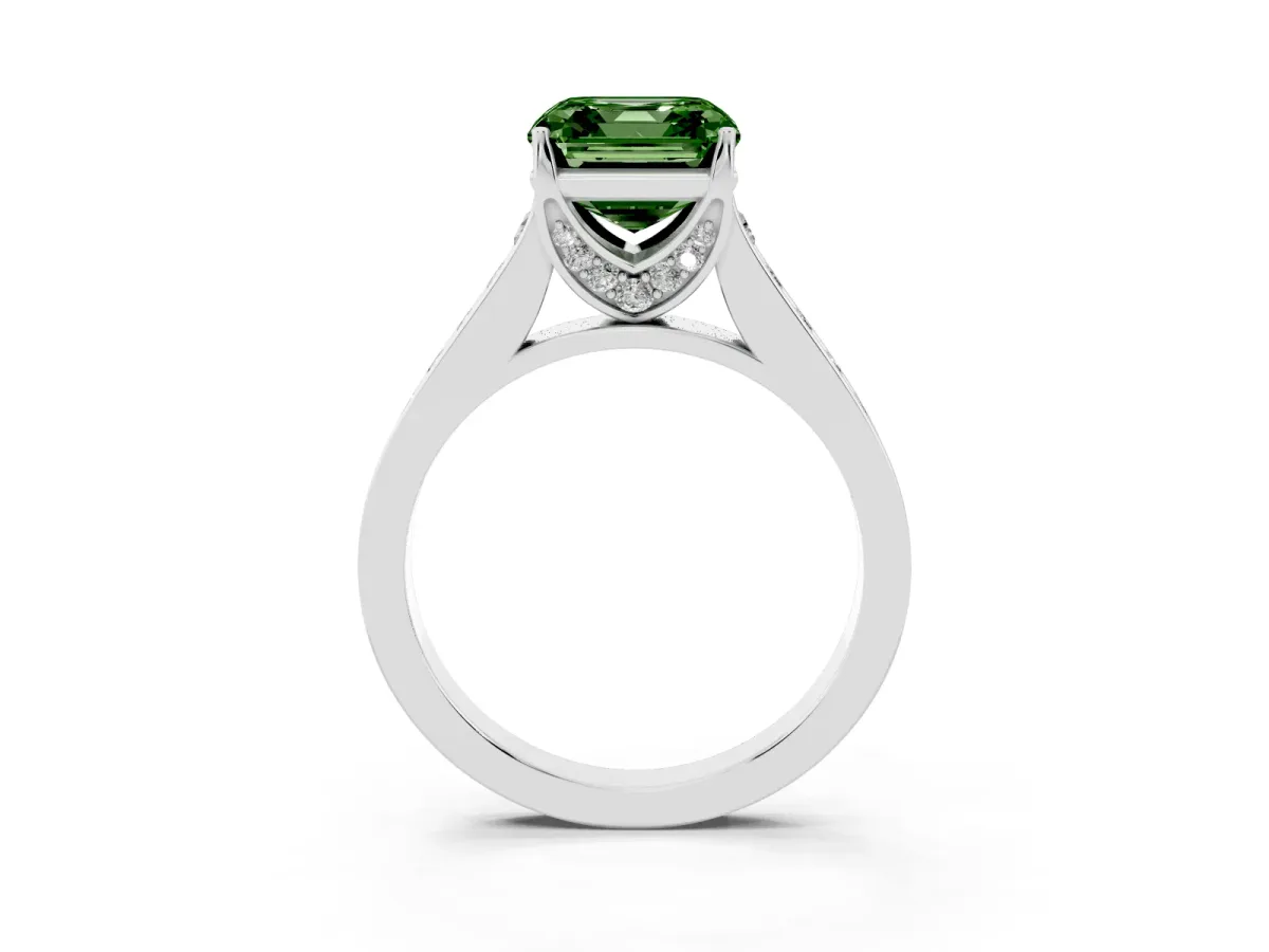 Fancy Green Asscher Cut Brilliant Cut Diamond Engagement Ring with Pavé Band and Four-Prong Setting Platinum