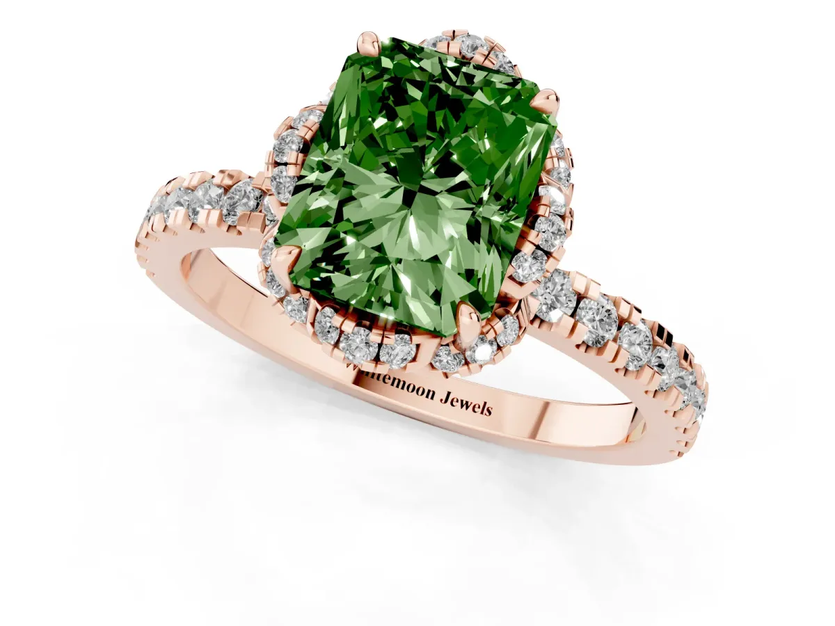 Fancy Green Radiant Cut Halo Diamond Pave Band Ring with Four-Prong Setting Rose gold