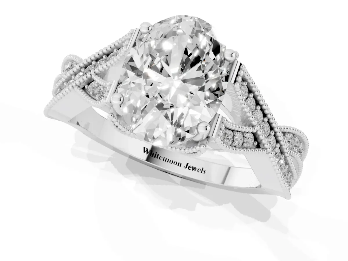 Oval Cut Cut Diamond Twisted Band with Milgrain Pave Setting and Four-Prong Setting Silver