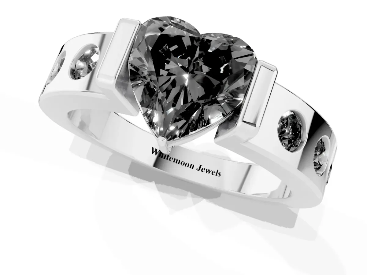 Fancy Black Heart Cut Brilliant Channel-Set Diamond Ring with Bezel Prong Setting Silver