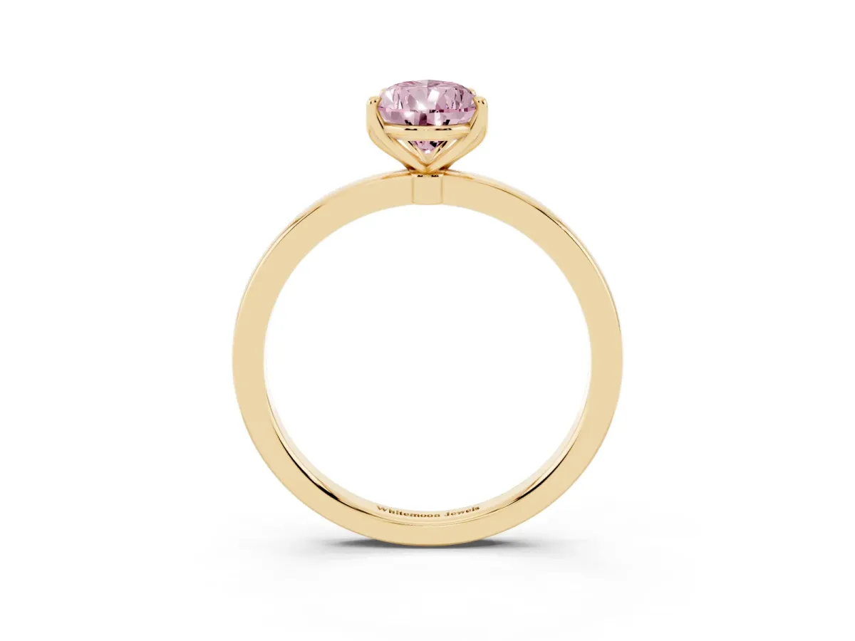 Fancy Pink Pear Cut Diamond Solitaire Ring with Thin Band and Prong Setting Yellow gold