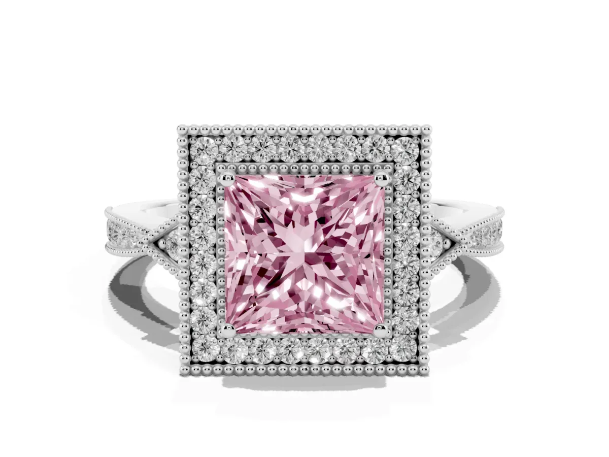 Fancy Pink Princess Cut Halo Round Diamond Milgrain Pave Engagement Ring White gold