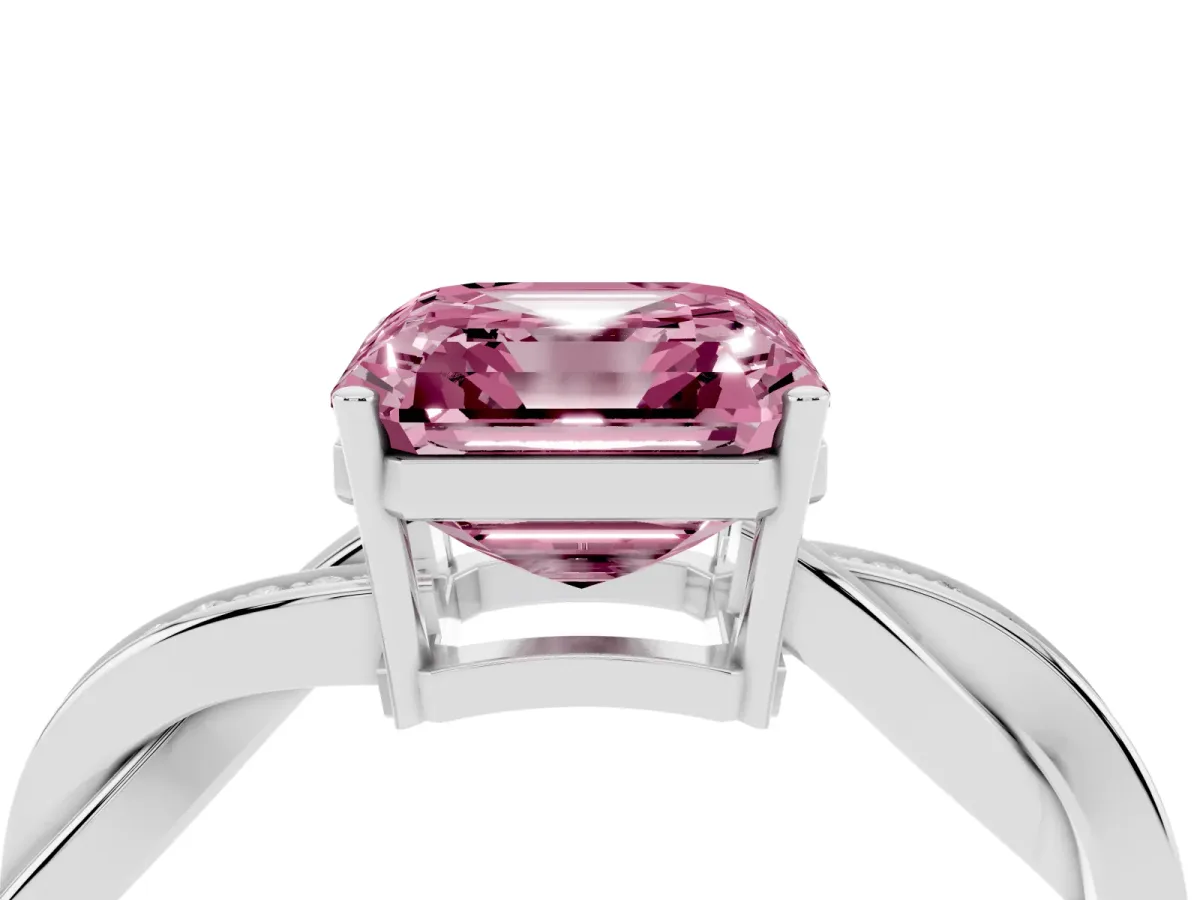 Fancy Pink Asscher Cut Solitaire Twisted Pave Diamond Ring with Four-Prong Setting Silver