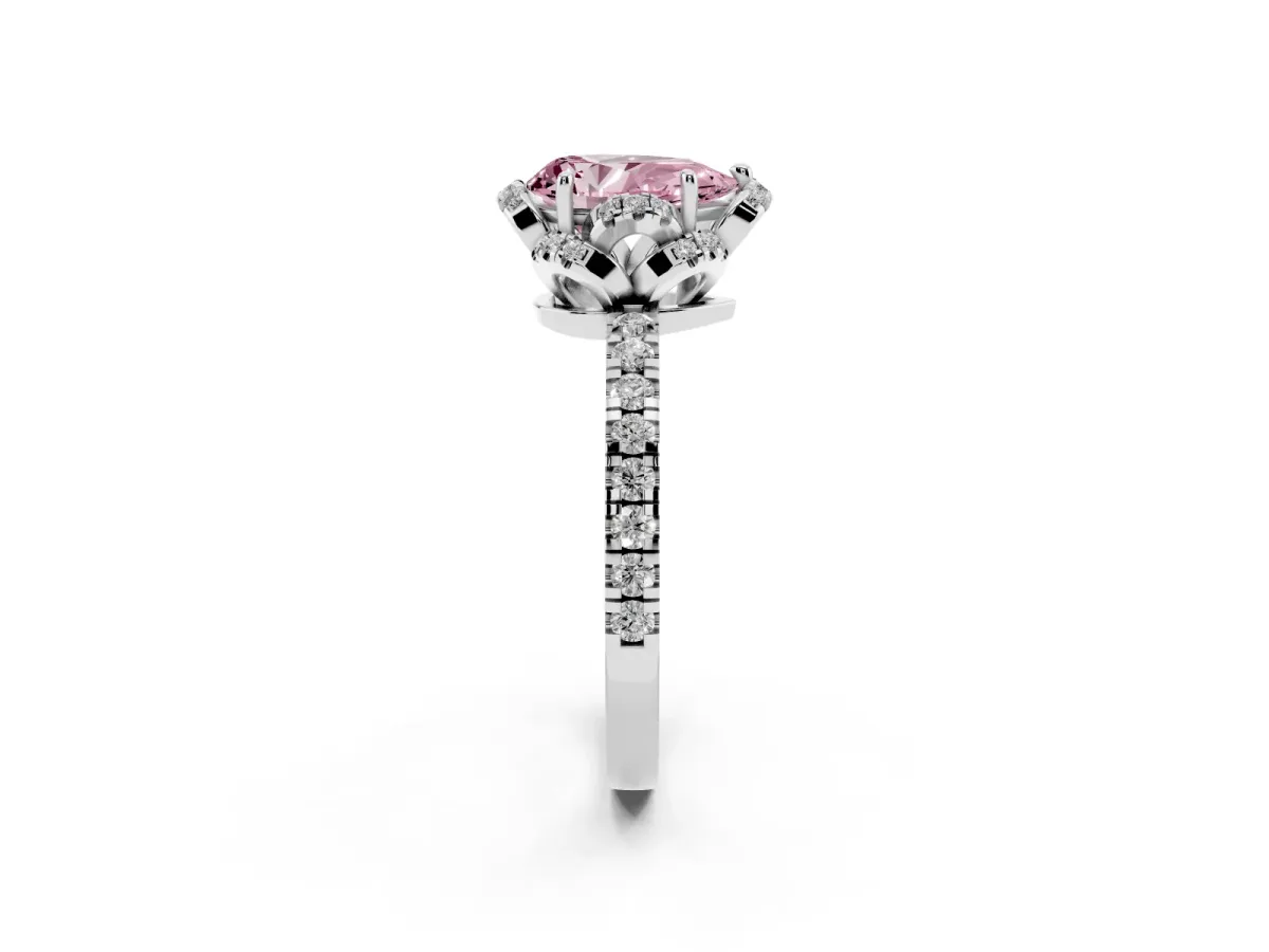 Fancy Pink Pear Cut Halo Diamond Pave Band Ring with Four-Prong Setting Silver