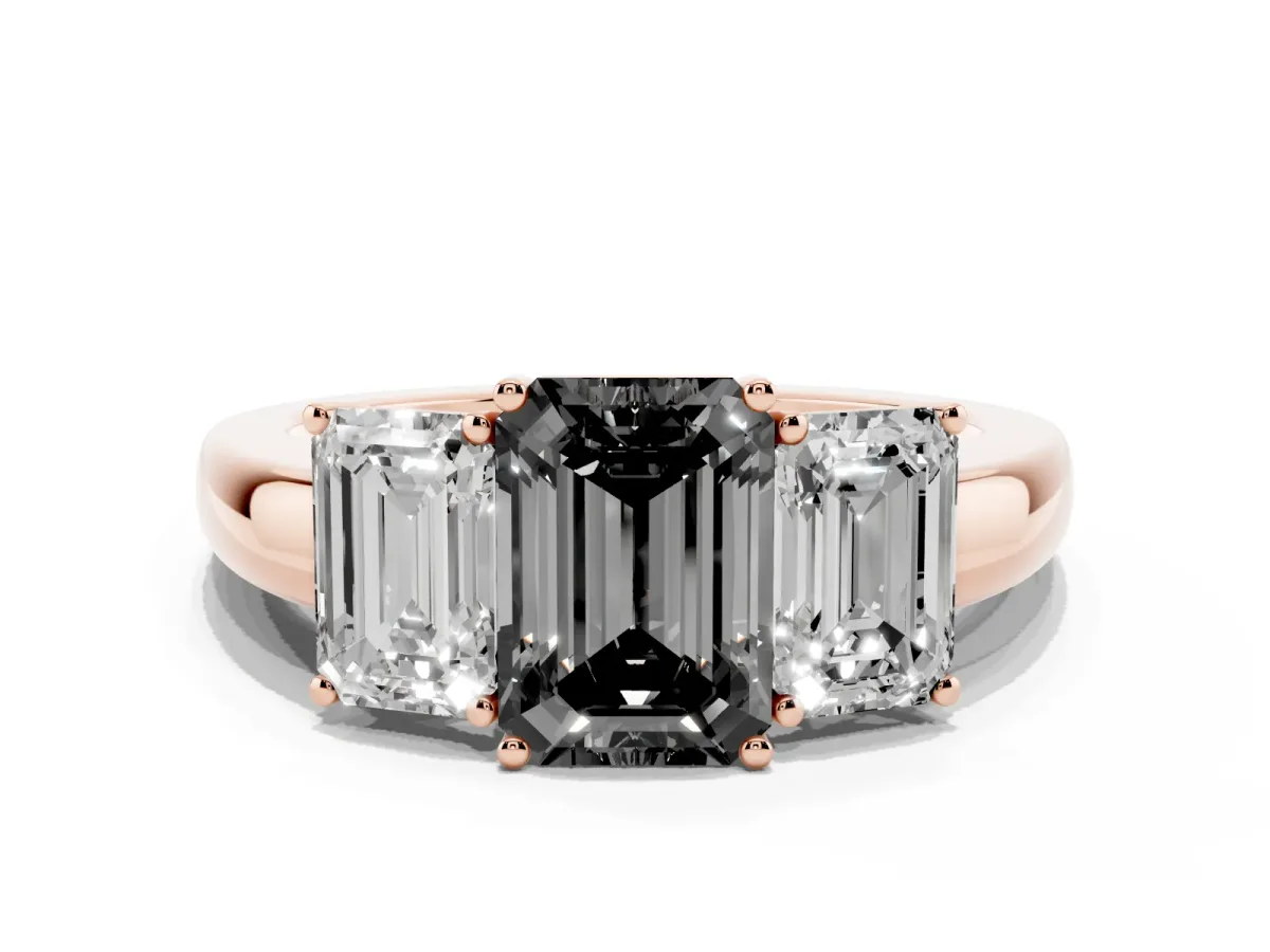 Fancy Black Emerald Cut Diamond Three-Stone Ring with Four-Prong Setting and Classic Band Rose gold