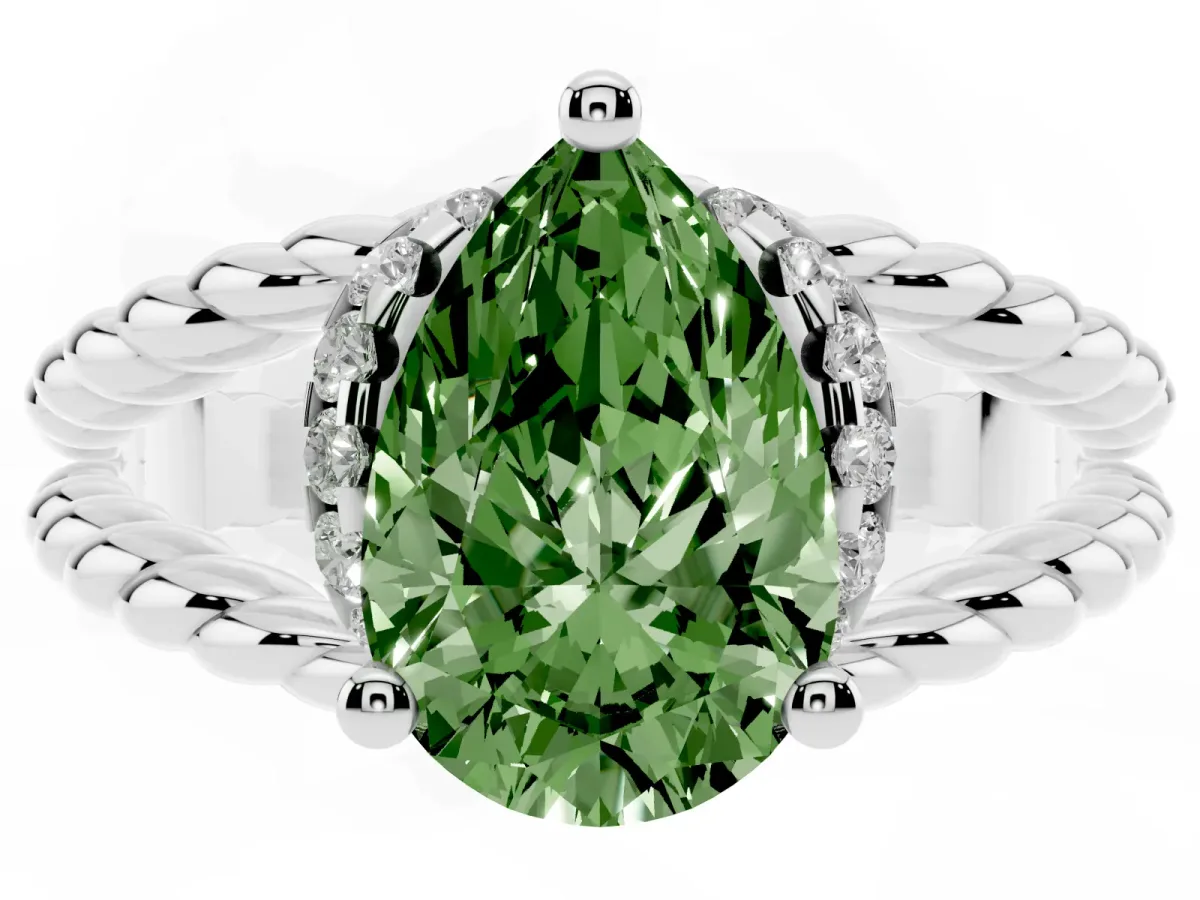 Fancy Green Pear Cut Halo Twisted Band Four-Prong Ring Silver