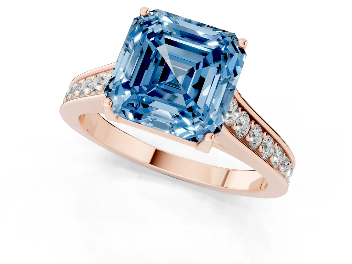 Fancy Blue Asscher Cut Brilliant Cut Diamond Engagement Ring with Pavé Band and Four-Prong Setting Rose gold