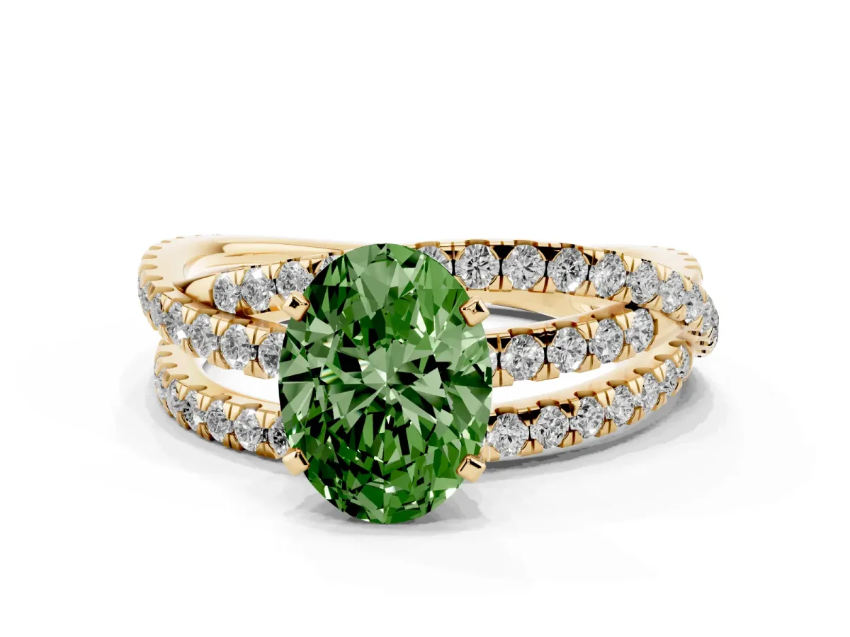 Fancy Green Oval Cut Solitaire Twist Band with Pavé Setting and Four-Prong Setting Yellow gold