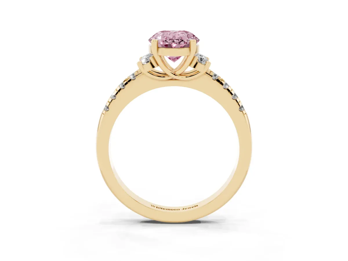 Fancy Pink Oval Cut Diamond Three-Stone Pave Band with Four-Prong Setting Yellow gold