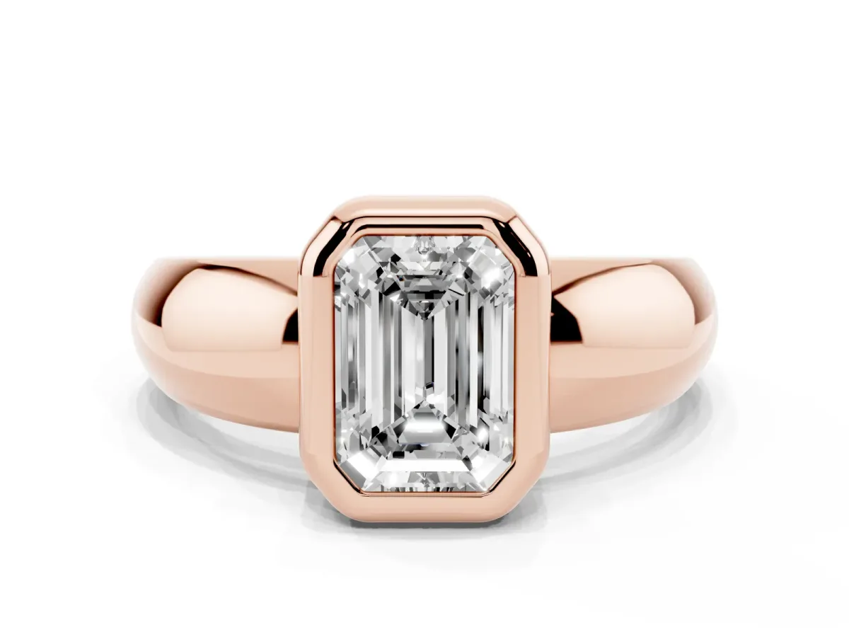 Bezel Set Emerald Cut Solitaire Ring with Wide Band Rose gold